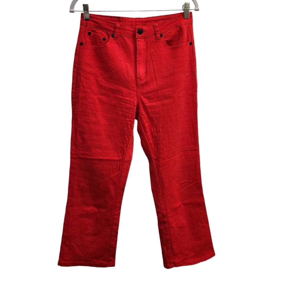 Lazy Oaf red straight leg cropped jeans with black hearts size 28